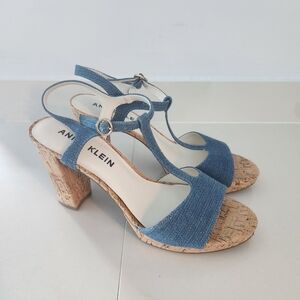 Anne Klein Vita Denim Blue Cork Block Heel Sandals